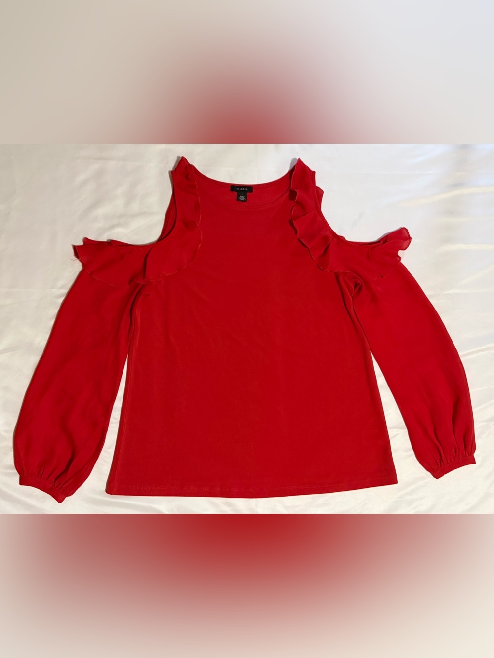 Halogen Women’s S Red Solid Knit Round Neck Cold Shoulder Ruffle Blouse